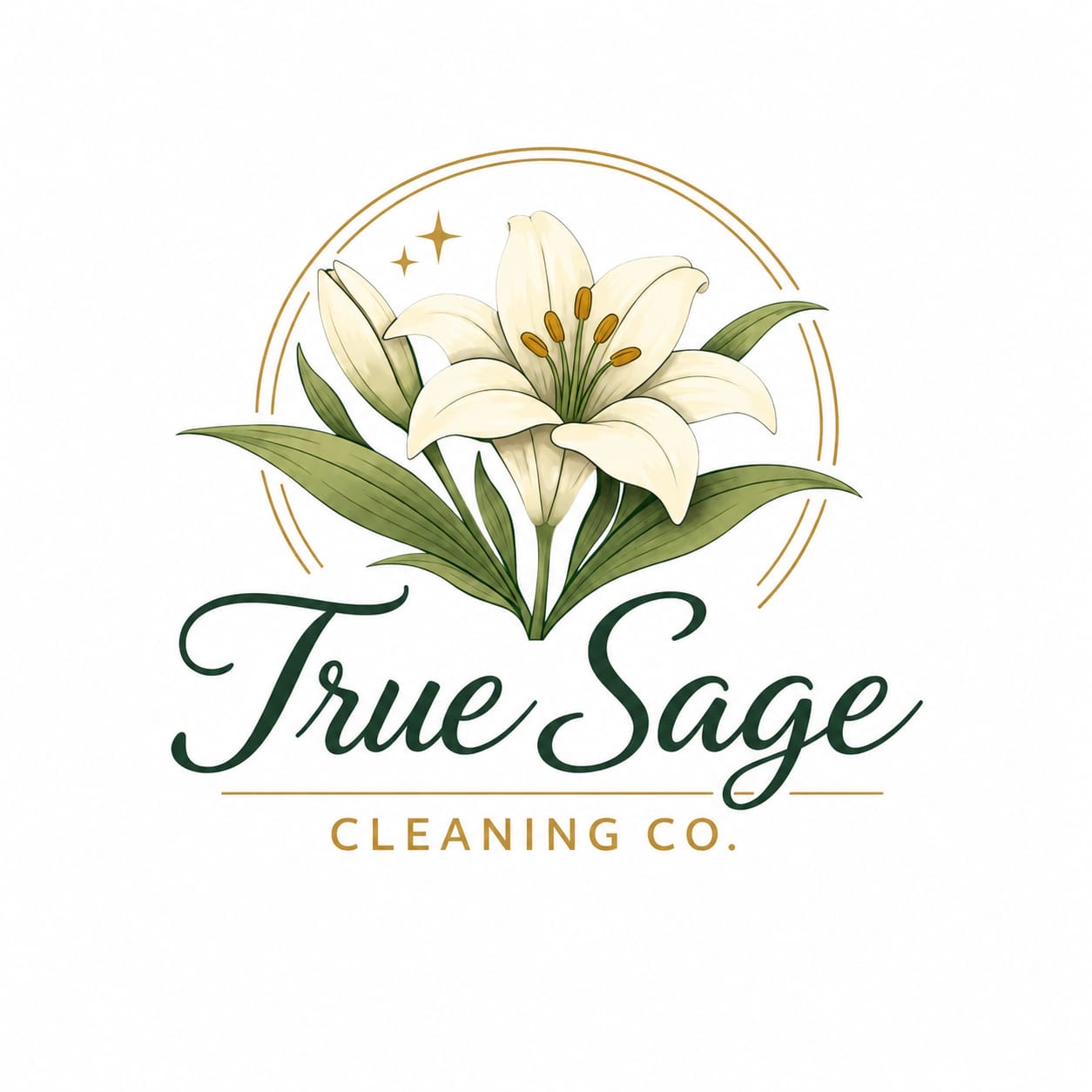 True Sage Cleaning Co. logo — a white lily illustration above a hand-lettered wordmark